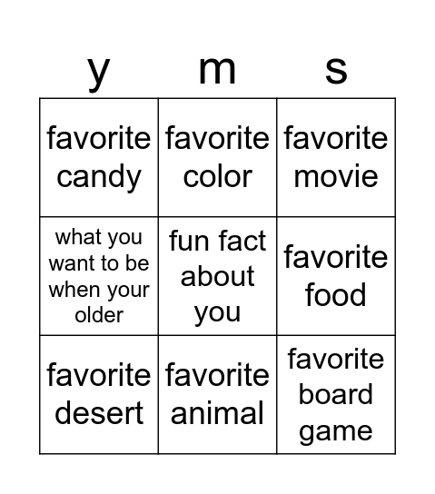 get to know you bingo Card