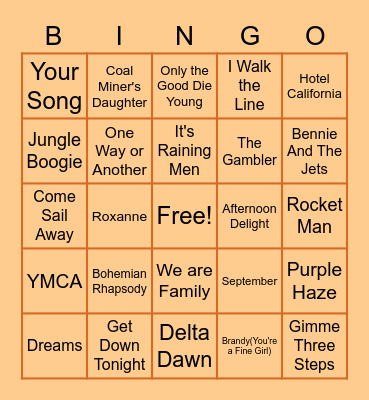 70's Music Bingo Card