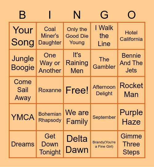 70's Music Bingo Card