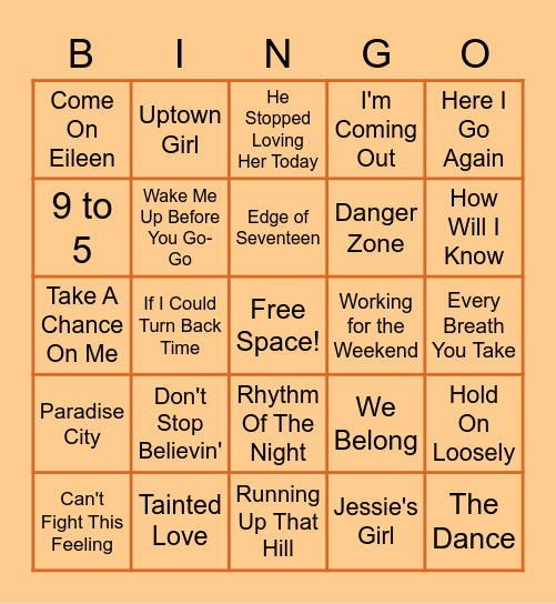 80's Music Bingo Card