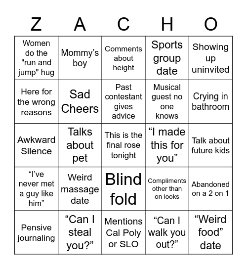 Bachelor Zach Bingo Card