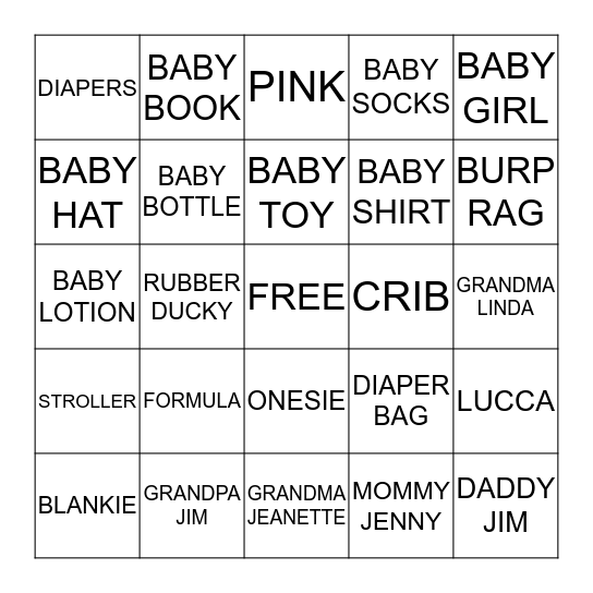 BABY GIRL HOWER Bingo Card