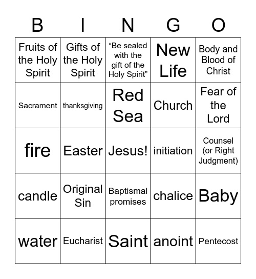 Sacraments of Initiation Bingo Card