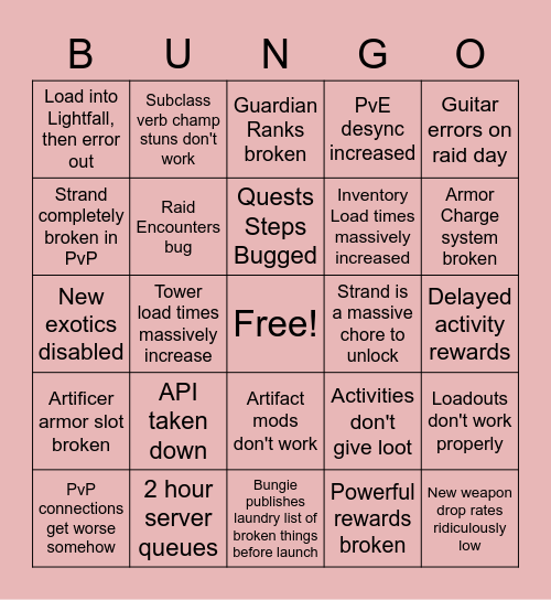 Lightfall Launch Bingo Card