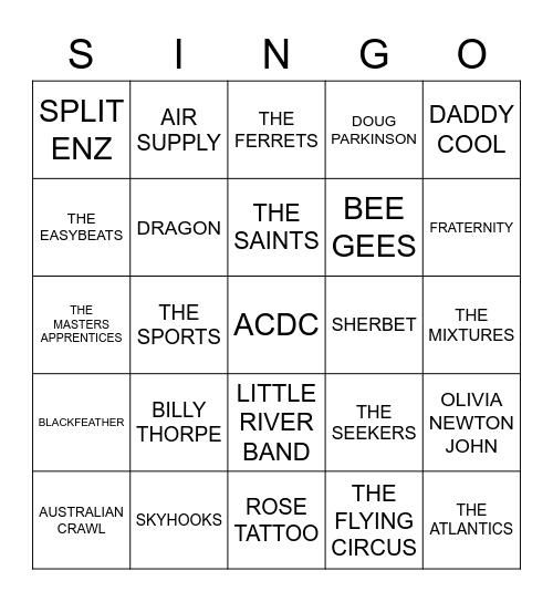 792 AUSSIE BANDS OF THE 70’S Bingo Card