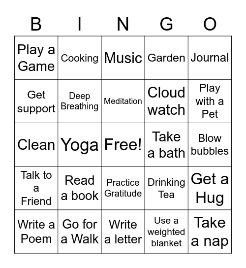 Coping Skills Bingo Card