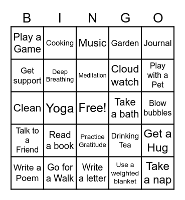 Coping Skills Bingo Card