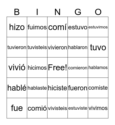 Spanish Preterite Bingo Card