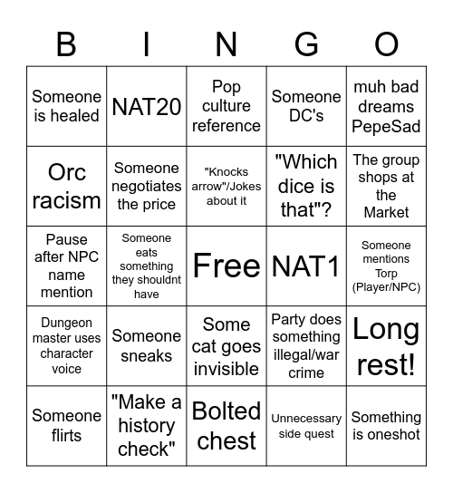 Bingo Bango Bongo DND Bingo Card