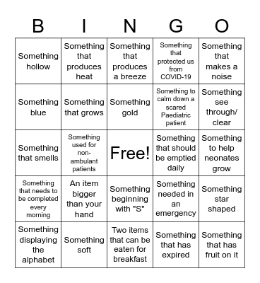 Dietetics Department Scavenger Hunt Bingo Card