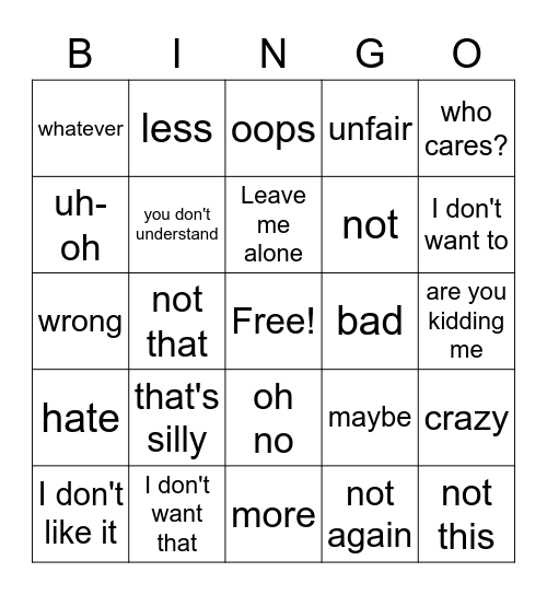 Chat - Negative Bingo Card