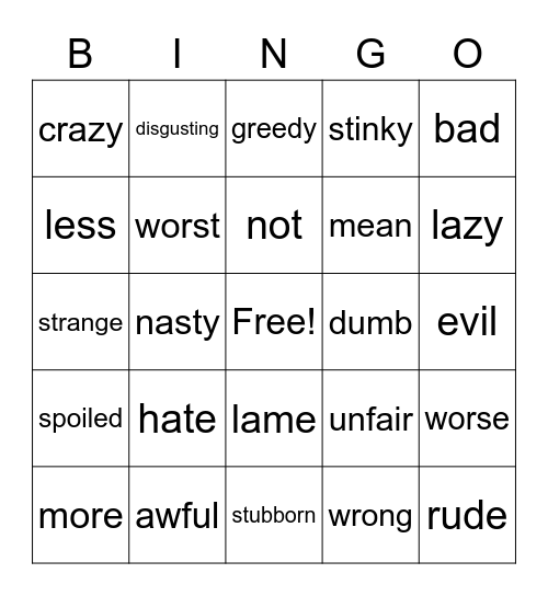 Chat - Negative - Negative describing words Bingo Card