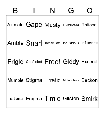 ELA Vocabulary Bingo Card