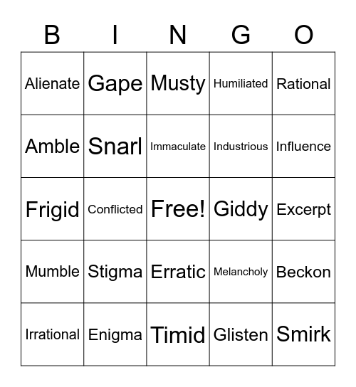 ELA Vocabulary Bingo Card