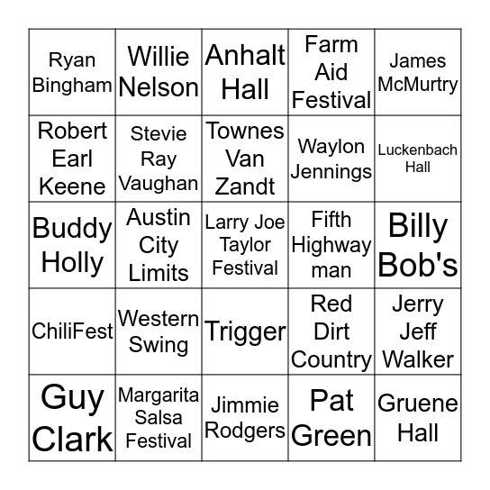 Texas Country Music & Honkytonks Bingo Card