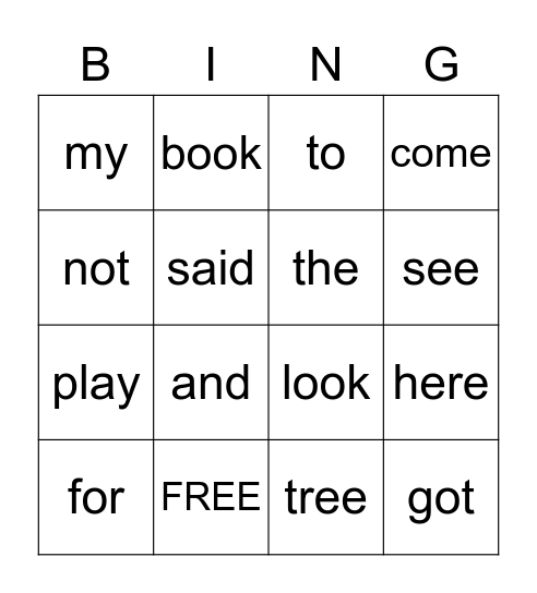 Sight Word Bingo Card