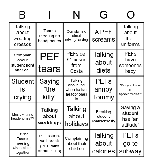 PEF Bingo Card