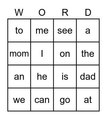 Sight Words Bingo Card