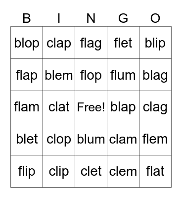 Beginning Blend Cl/Bl/Fl with short vowels Bingo Card