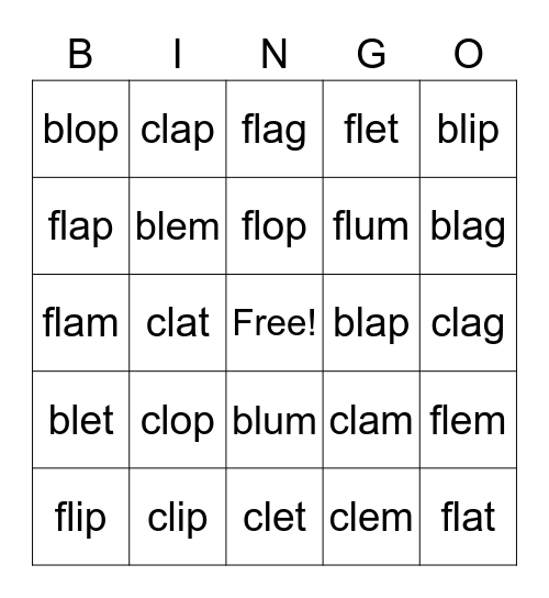 Beginning Blend Cl/Bl/Fl with short vowels Bingo Card