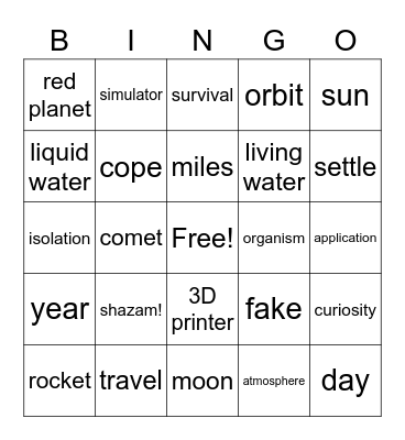 Going to Mars Bingo Card