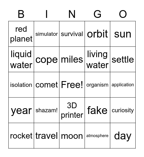 Going to Mars Bingo Card