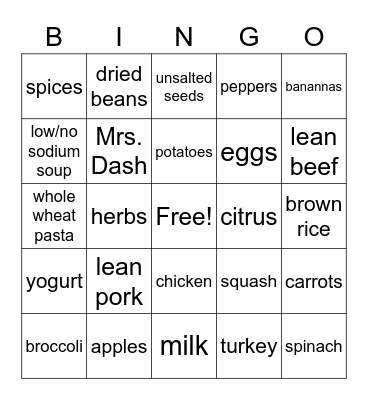 Low Sodium Foods Bingo Card