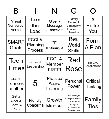 FCCLA Power of One Bingo Card