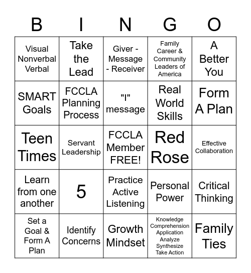 FCCLA Power of One Bingo Card