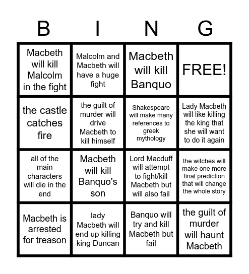 Macbeth Bingo Card