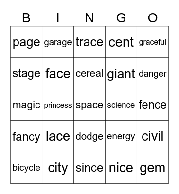 Soft c and Soft g Bingo Card