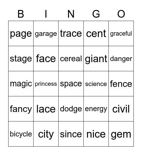 Soft c and Soft g Bingo Card