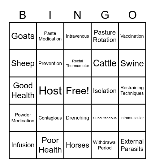 Intro to AFNR - Animal Health Bingo Card