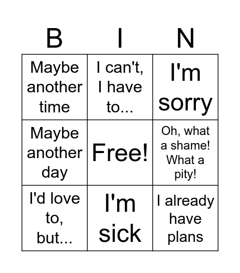 Rechazar invitaciones 3 Bingo Card