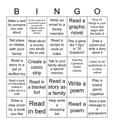 Literacy Bingo - Family Edition - January 27 - February 16 Bingo Card