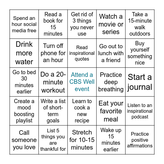 OSA Self-Care Challenge Bingo Card