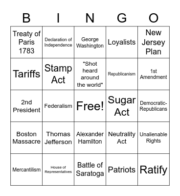 US Studies Bingo Card