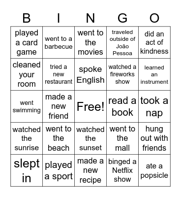 SUMMER BREAK Bingo Card