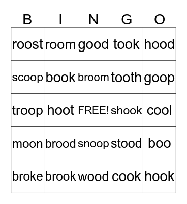 Phonics Bingo  (oo vowel team) Bingo Card