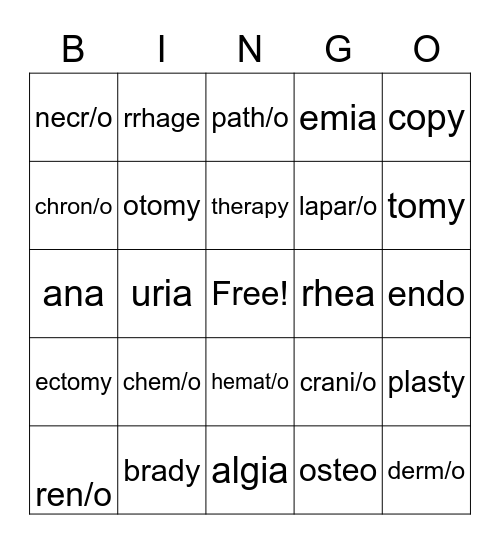 Medical Terminology BINGO Card