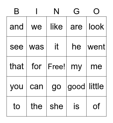 Heart Word Bingo Card