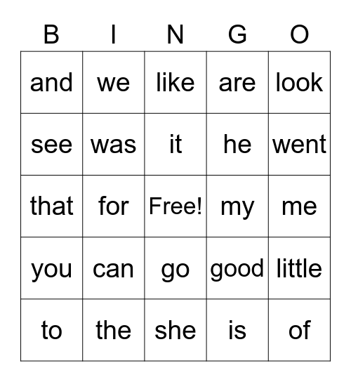 Heart Word Bingo Card