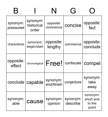 English Vocab BINGO Card