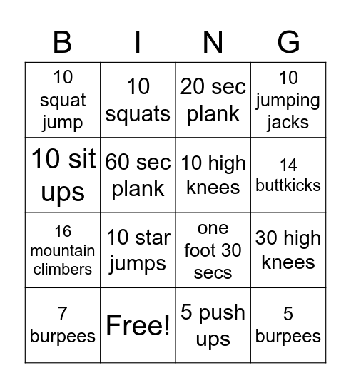 fitness bingo Card