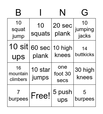 fitness Bingo Card