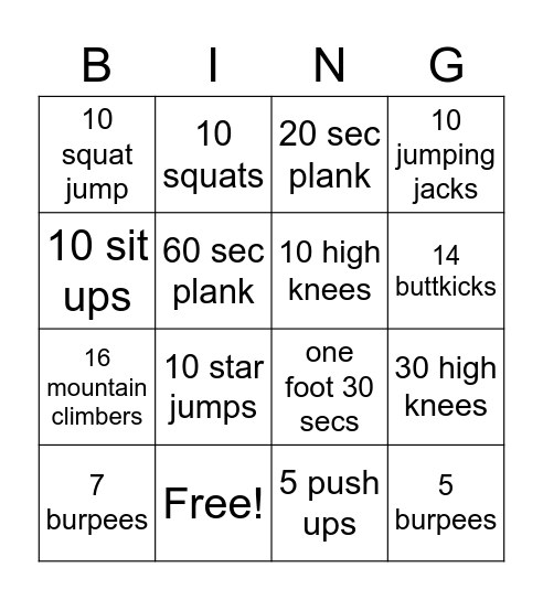 fitness Bingo Card