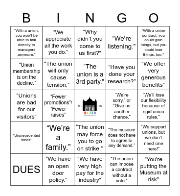 PTM United! Union Busting Bingo Card