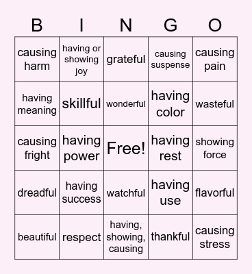 Suffix Bingo Card