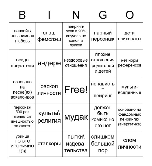 типичные сюжеты\персонажи нейротоксин Bingo Card