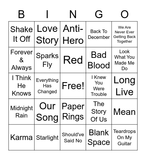 Taylor Swift Bingo Card